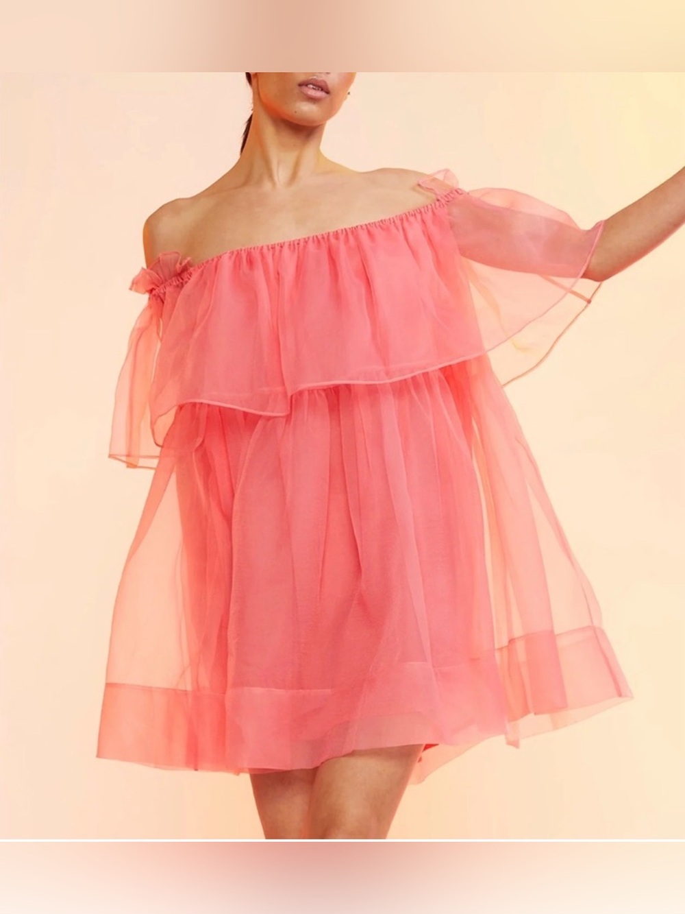 Cynthia Rowley Coral Pink Off-Shoulder Tiered Chiffon Dress